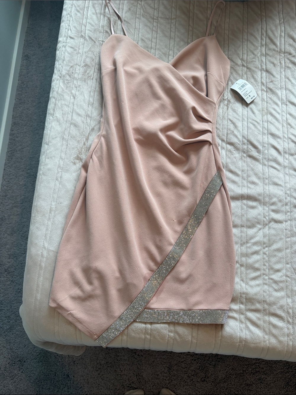 Windsor Blush Pink Spaghetti Strap Mini Dress with Rhinestone Trim